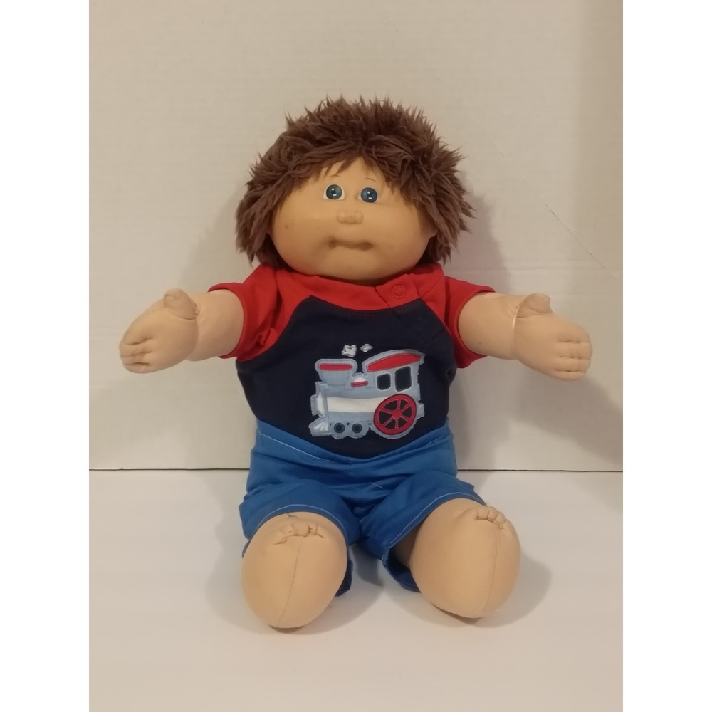 Vintage Cabbage Patch Kids Boy Doll Brown Hair Blue Eyes Train Shirt Shorts